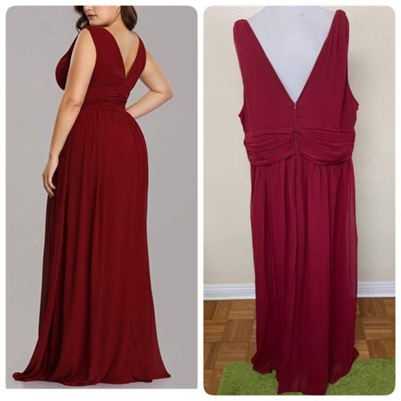 Ever Pretty Double V Neck Chiffon Semi Formal Evening Gown Sz 18 Burgundy - Picture 2 of 10